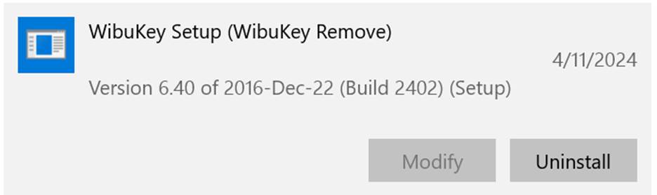 Apps and Features View of WibuKey Driver